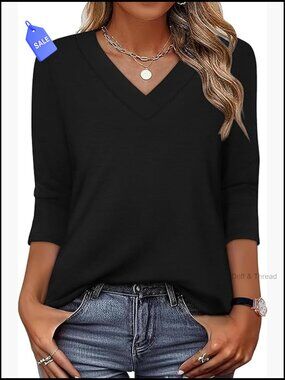 V-Neck 3/4 Sleeve T-Shirt, Loose Fit Polyester Blend, Work Casual